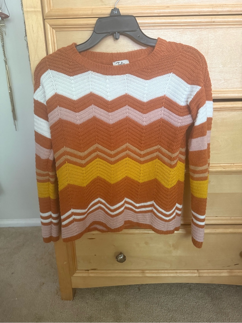 Striped Chevron Crewneck Sweater in Rust, Yellow & White
